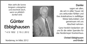 Traueranzeige von Günter Ebbighausen von Ostfriesischer Kurier
