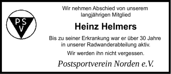 Traueranzeige von Heinz Helmers von Ostfriesischer Kurier