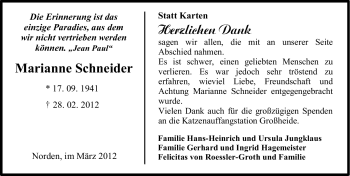 Traueranzeige von Marianne Schneider von Ostfriesischer Kurier