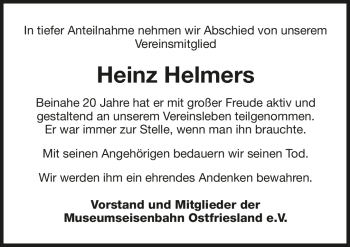 Traueranzeige von Heinz Helmers von Ostfriesischer Kurier