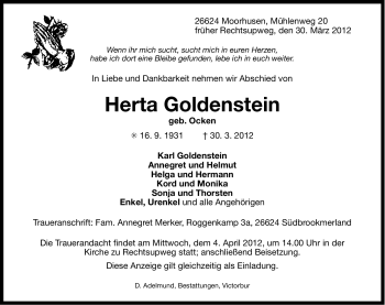 Traueranzeige von Herta Goldenstein von Ostfriesischer Kurier