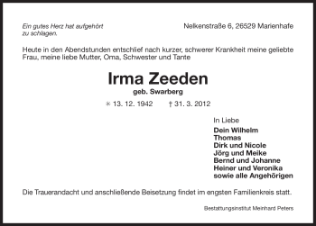 Traueranzeige von Irma Zeeden von Ostfriesischer Kurier