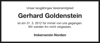 Traueranzeige von Gerhard Goldenstein von Ostfriesischer Kurier