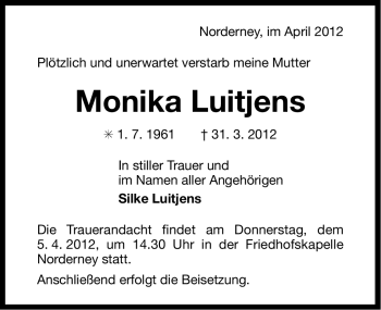 Traueranzeige von Monika Luitjens von Ostfriesischer Kurier