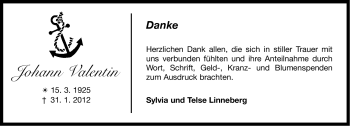 Traueranzeige von Johann Valentin von Ostfriesischer Kurier