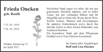 Traueranzeige von Frieda Oncken von Ostfriesischer Kurier