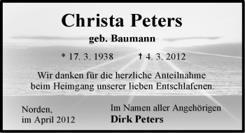 Traueranzeige von Christa Peters von Ostfriesischer Kurier