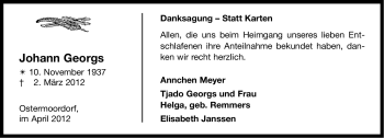 Traueranzeige von Johann Georgs von Ostfriesischer Kurier