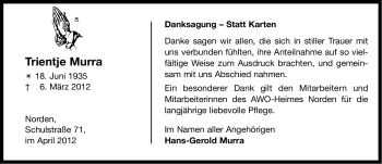 Traueranzeige von Trientje Murra von Ostfriesischer Kurier