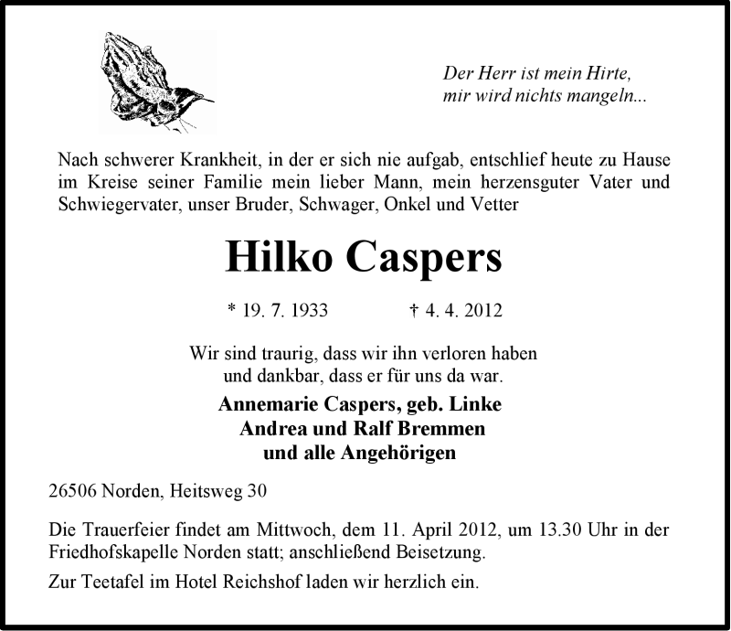  Traueranzeige für Hilko Caspers vom 05.04.2012 aus Ostfriesischer Kurier