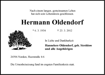 Traueranzeige von Hermann Oldendorf von Ostfriesischer Kurier