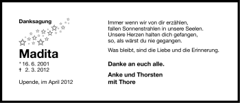 Traueranzeige von Madita (keine Angabe) von Ostfriesischer Kurier