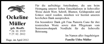 Traueranzeige von Ockeline Müller von Ostfriesischer Kurier
