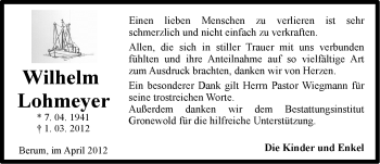 Traueranzeige von Wilhelm Lohmeyer von Ostfriesischer Kurier