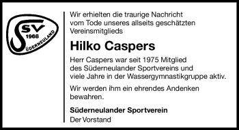 Traueranzeige von Hilko Caspers von Ostfriesischer Kurier