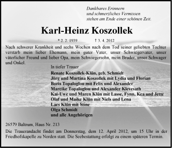 Traueranzeige von Karl-Heinz Koszollek von Ostfriesischer Kurier