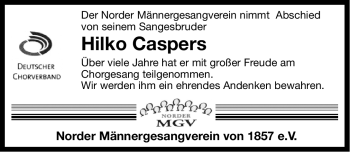 Traueranzeige von Hilko Caspers von Ostfriesischer Kurier