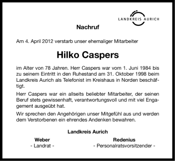 Traueranzeige von Hilko Caspers von Ostfriesischer Kurier