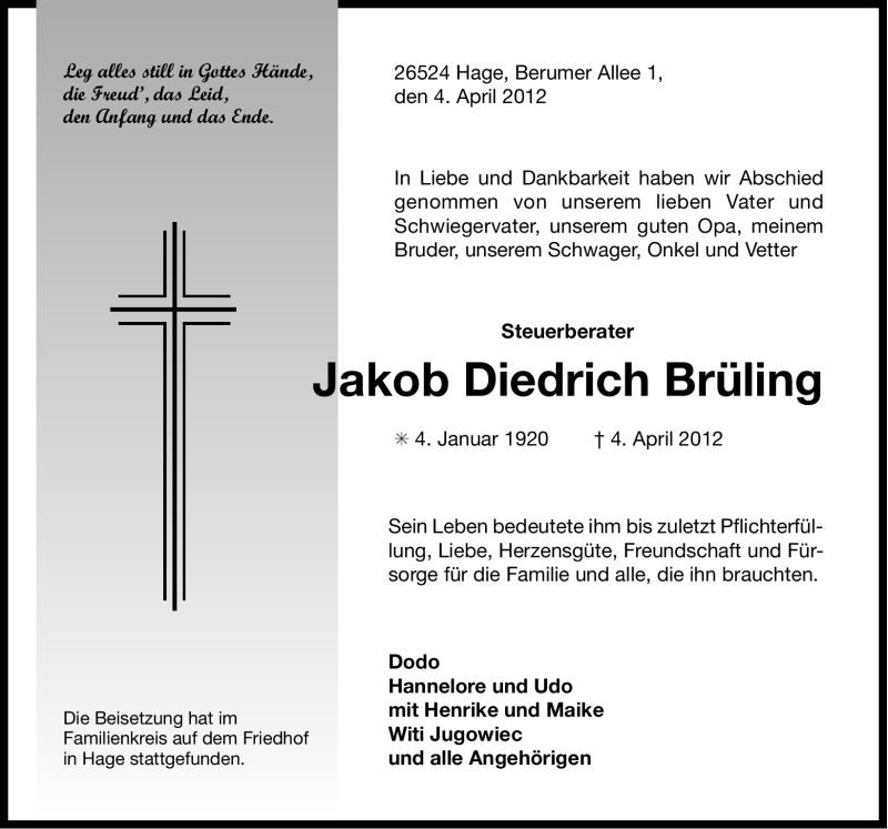  Traueranzeige für Jakob Diedrich Brüling vom 11.04.2012 aus Ostfriesischer Kurier