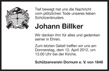 Traueranzeige von Johann Billker von Ostfriesischer Kurier