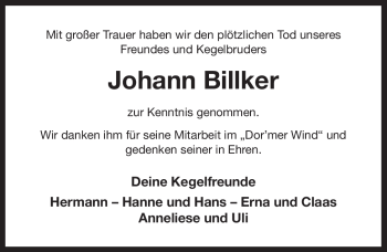 Traueranzeige von Johann Billker von Ostfriesischer Kurier