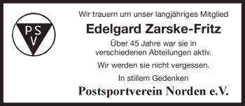 Traueranzeige von Edelgard Zarske-Fritz von Ostfriesischer Kurier