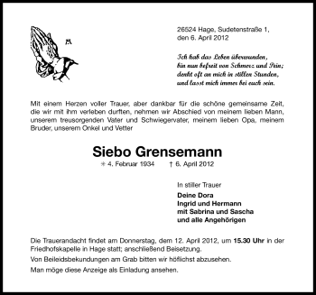 Traueranzeige von Siebo Grensemann von Ostfriesischer Kurier