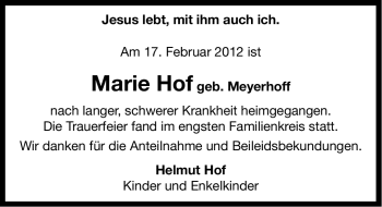 Traueranzeige von Marie Hof von Ostfriesischer Kurier