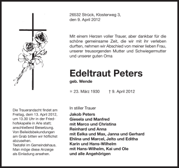 Traueranzeige von Edeltraut Peters von Ostfriesischer Kurier