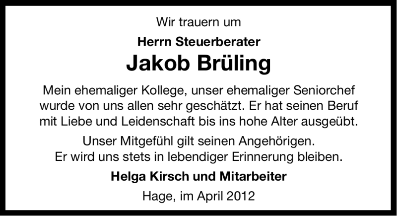  Traueranzeige für Jakob Diedrich Brüling vom 12.04.2012 aus Ostfriesischer Kurier