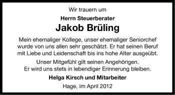 Traueranzeige von Jakob Diedrich Brüling von Ostfriesischer Kurier