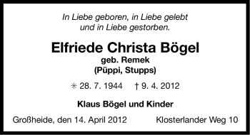 Traueranzeige von Elfriede Christa Bögel von Ostfriesischer Kurier