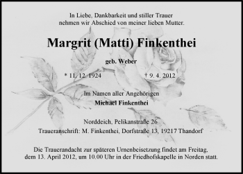 Traueranzeige von Margrit Finkenthei von Ostfriesischer Kurier