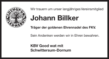 Traueranzeige von Johann Billker von Ostfriesischer Kurier