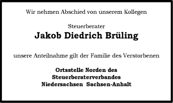 Traueranzeige von Jakob Diedrich Brüling von Ostfriesischer Kurier