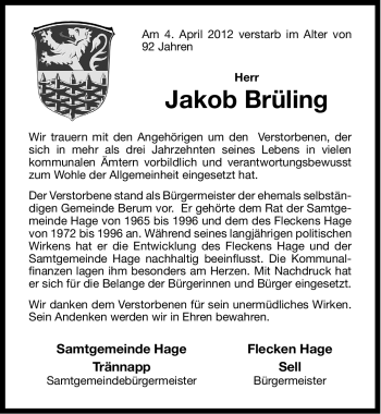 Traueranzeige von Jakob Diedrich Brüling von Ostfriesischer Kurier