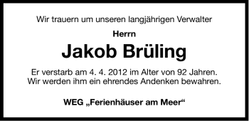 Traueranzeige von Jakob Diedrich Brüling von Ostfriesischer Kurier