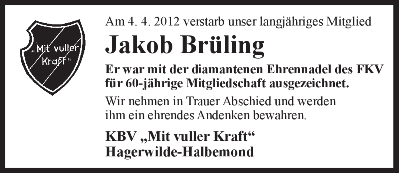  Traueranzeige für Jakob Diedrich Brüling vom 13.04.2012 aus Ostfriesischer Kurier