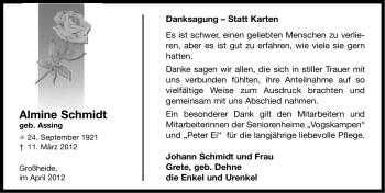 Traueranzeige von Almine Schmidt von Ostfriesischer Kurier