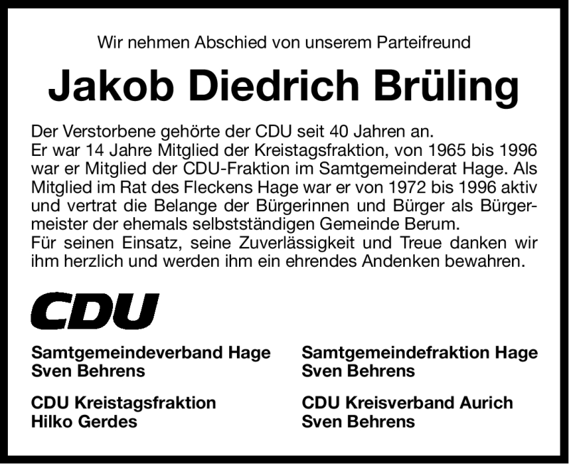  Traueranzeige für Jakob Diedrich Brüling vom 13.04.2012 aus Ostfriesischer Kurier