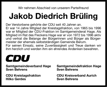 Traueranzeige von Jakob Diedrich Brüling von Ostfriesischer Kurier