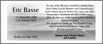 Traueranzeige von Eric Basse von Ostfriesischer Kurier