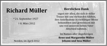 Traueranzeige von Richard Müller von Ostfriesischer Kurier
