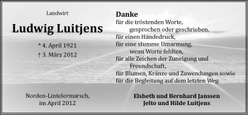 Traueranzeige von Ludwig Luitjens von Ostfriesischer Kurier