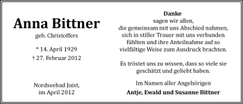 Traueranzeige von Anna Bittner von Ostfriesischer Kurier