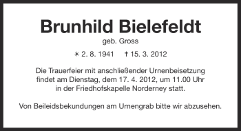 Traueranzeige von Brunhild Bielefeldt von Ostfriesischer Kurier