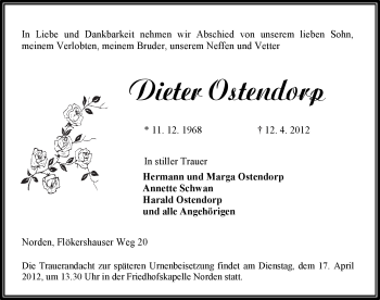 Traueranzeige von Dieter Ostendorp von Ostfriesischer Kurier