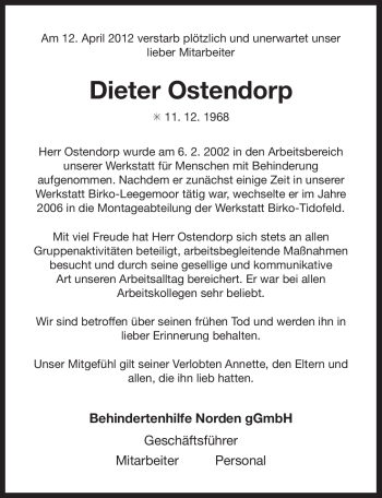 Traueranzeige von Dieter Ostendorp von Ostfriesischer Kurier