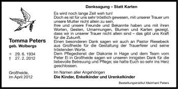 Traueranzeige von Tomma Peters von Ostfriesischer Kurier