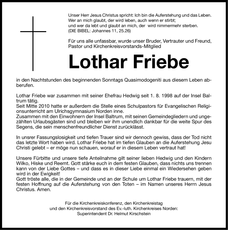  Traueranzeige für Lothar Friebe vom 17.04.2012 aus Ostfriesischer Kurier